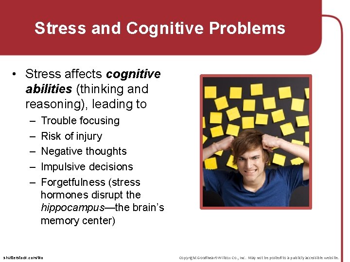 Stress and Cognitive Problems • Stress affects cognitive abilities (thinking and reasoning), leading to