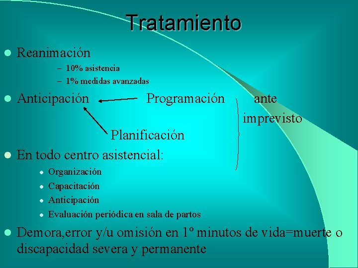 Tratamiento l Reanimación – 10% asistencia – 1% medidas avanzadas l Anticipación Programación ante