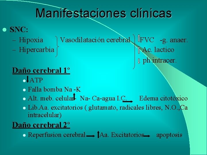 Manifestaciones clínicas l SNC: – Hipoxia Vasodilatación cerebral – Hipercarbia FVC -g. anaer. Ac.