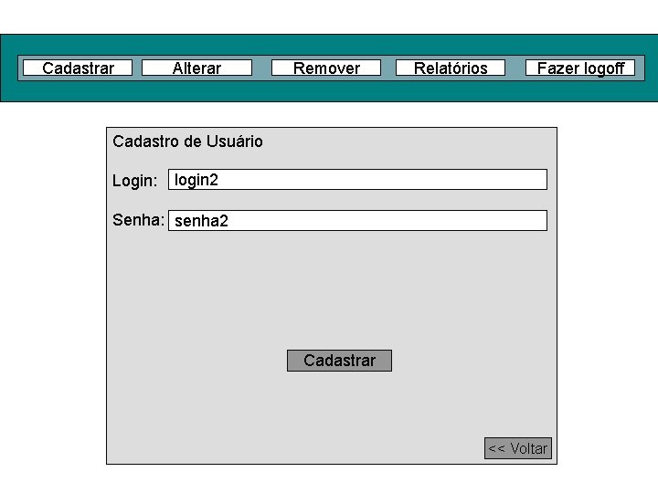 Cadastrar Alterar Remover Relatórios Fazer logoff Cadastro de Usuário Login: login 2 Senha: senha