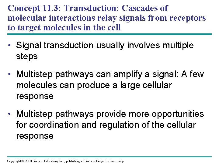 Concept 11. 3: Transduction: Cascades of molecular interactions relay signals from receptors to target