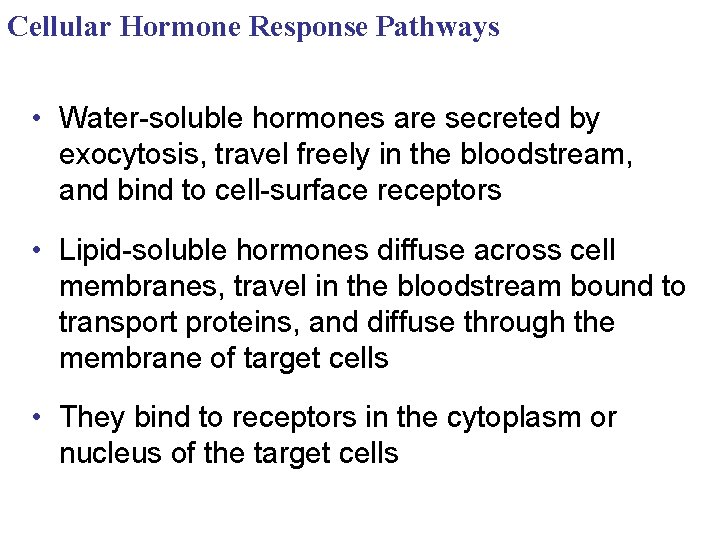Cellular Hormone Response Pathways • Water-soluble hormones are secreted by exocytosis, travel freely in