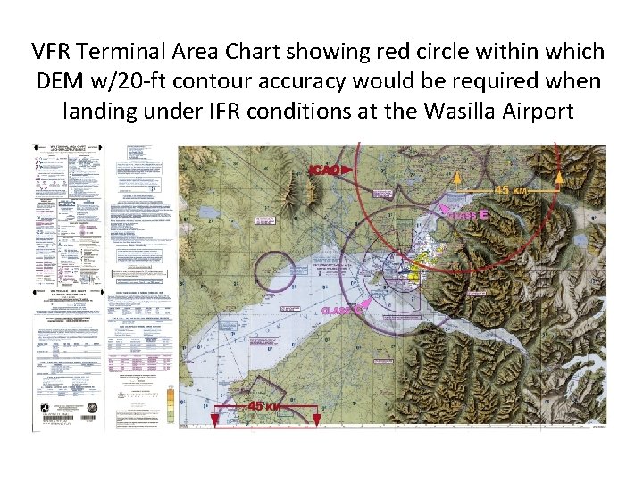 VFR Terminal Area Chart showing red circle within which DEM w/20 -ft contour accuracy