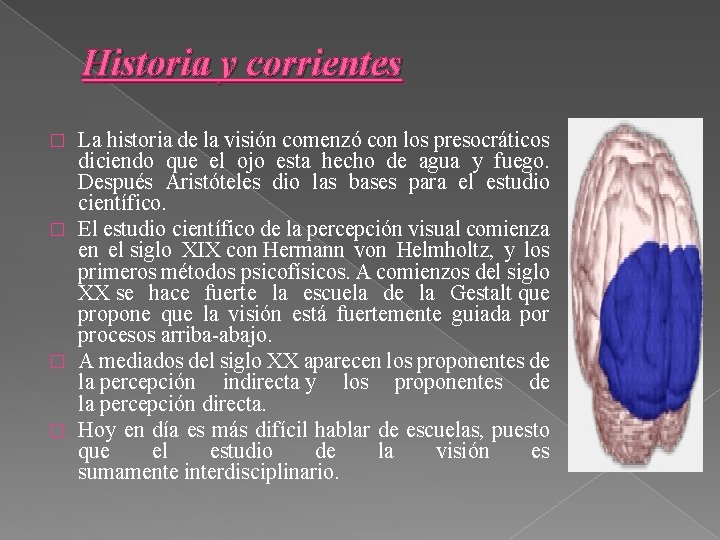 Historia y corrientes La historia de la visión comenzó con los presocráticos diciendo que