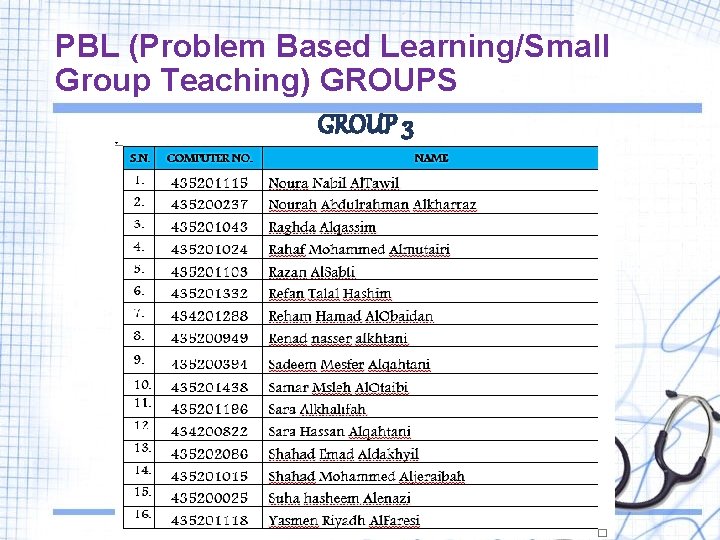 PBL (Problem Based Learning/Small Group Teaching) GROUPS GROUP 3 