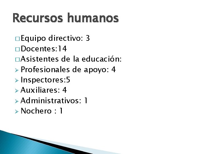 Recursos humanos � Equipo directivo: 3 � Docentes: 14 � Asistentes de la educación: