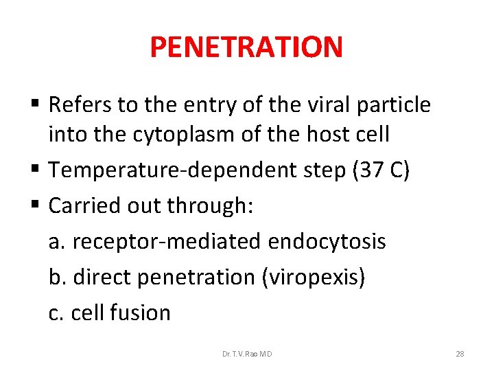 PENETRATION § Refers to the entry of the viral particle into the cytoplasm of