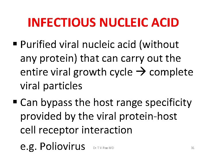 INFECTIOUS NUCLEIC ACID § Purified viral nucleic acid (without any protein) that can carry