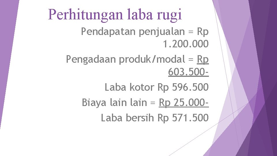 Perhitungan laba rugi Pendapatan penjualan = Rp 1. 200. 000 Pengadaan produk/modal = Rp