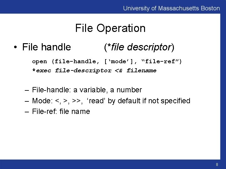File Operation • File handle (*file descriptor) open (file-handle, [‘mode’], “file-ref”) *exec file-descriptor <&