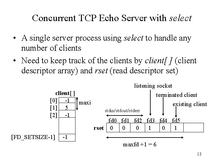 Concurrent TCP Echo Server with select • A single server process using select to