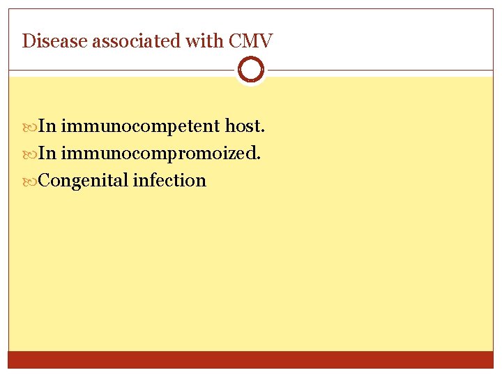 Disease associated with CMV In immunocompetent host. In immunocompromoized. Congenital infection 