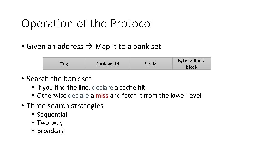 Operation of the Protocol • Given an address Map it to a bank set