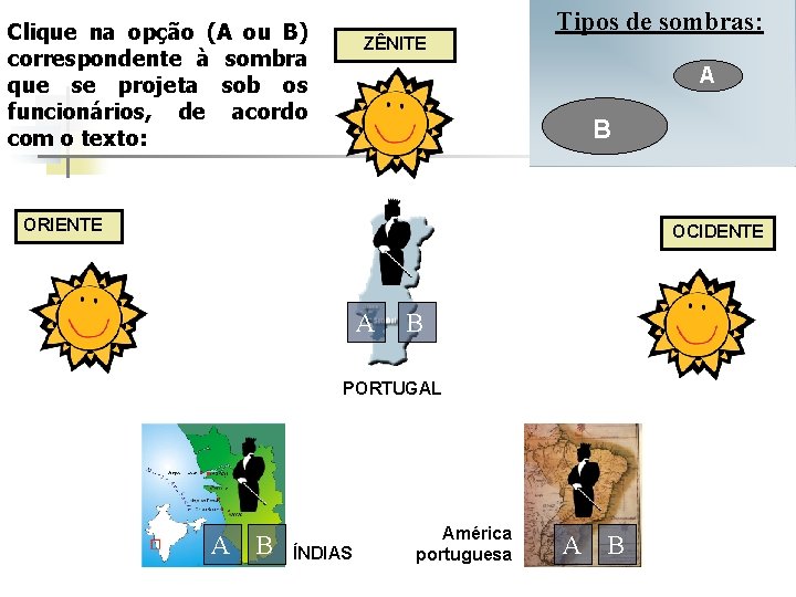 Clique na opção (A ou B) correspondente à sombra que se projeta sob os