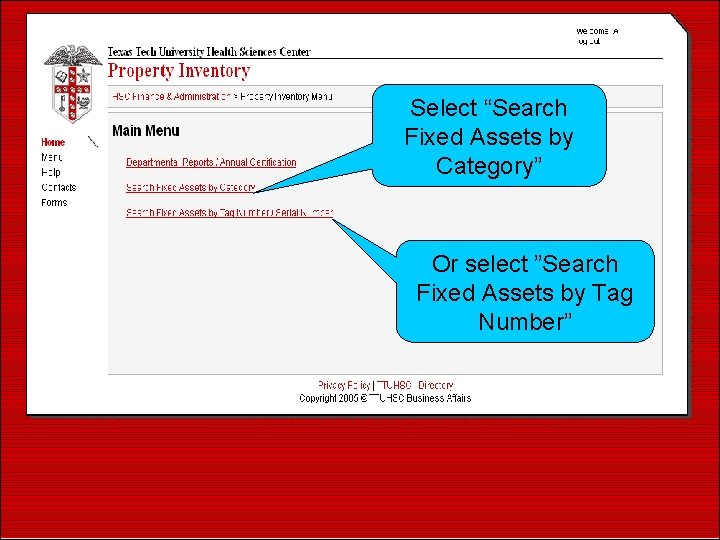 Select “Search Fixed Assets by Category” Or select ”Search Fixed Assets by Tag Number”