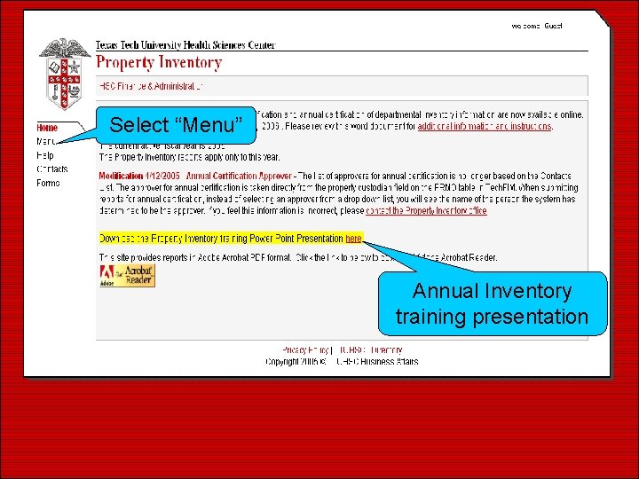 Select “Menu” Annual Inventory training presentation 