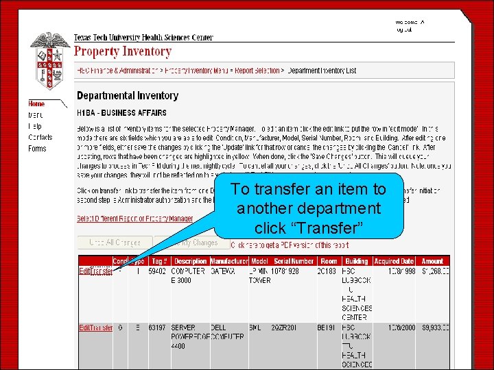 To transfer an item to another department click “Transfer” 