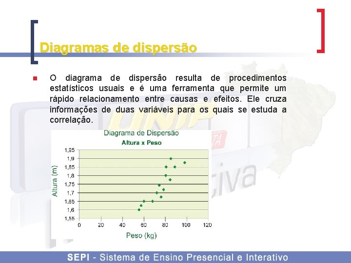 Diagramas de dispersão n O diagrama de dispersão resulta de procedimentos estatísticos usuais e
