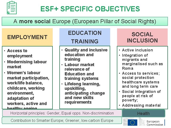 ESF+ SPECIFIC OBJECTIVES A more social Europe (European Pillar of Social Rights) EMPLOYMENT •
