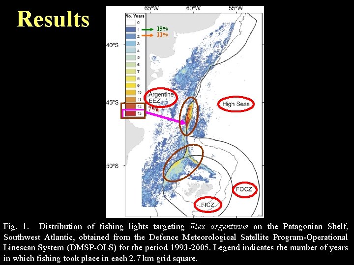 Results 15% 13% 7% Fig. 1. Distribution of fishing lights targeting Illex argentinus on