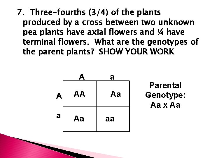 7. Three-fourths (3/4) of the plants produced by a cross between two unknown pea