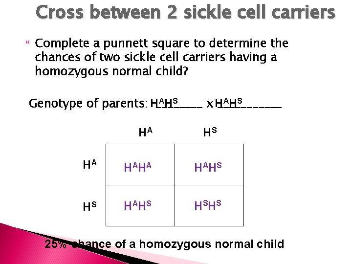 Cross between 2 sickle cell carriers Complete a punnett square to determine the chances