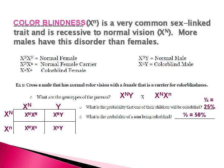 COLOR BLINDNESS _________ (Xn) is a very common sex-linked trait and is recessive to