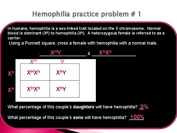 Hemophilia practice problem # 1 In humans, hemophilia is a sex-linked trait located on