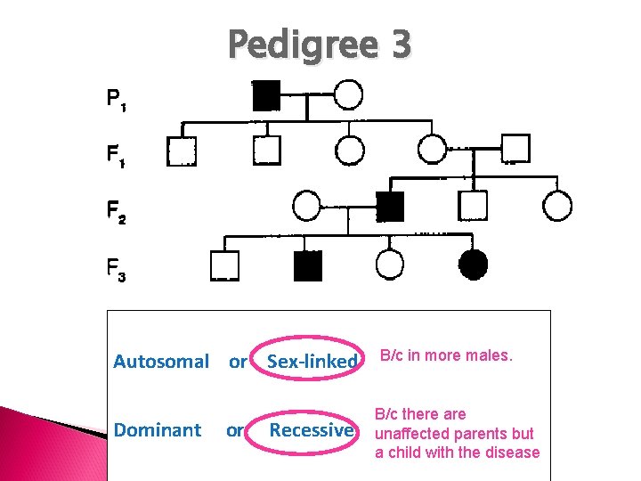 Pedigree 3 Circle one in each pair: Autosomal or Sex-linked Dominant or Recessive B/c