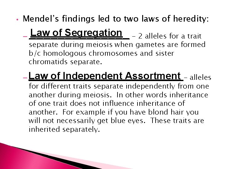  • Mendel’s findings led to two laws of heredity: Law of Segregation -