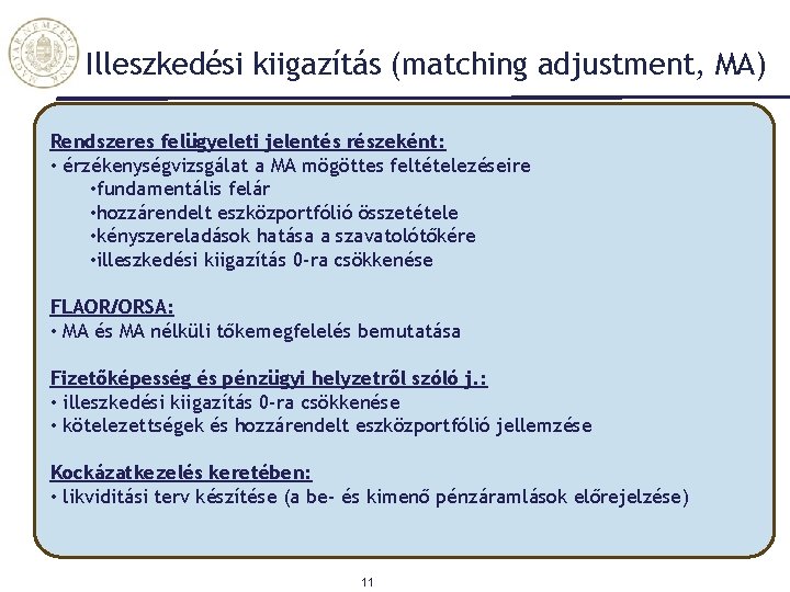 Illeszkedési kiigazítás (matching adjustment, MA) Rendszeres felügyeleti jelentés részeként: • érzékenységvizsgálat a MA mögöttes