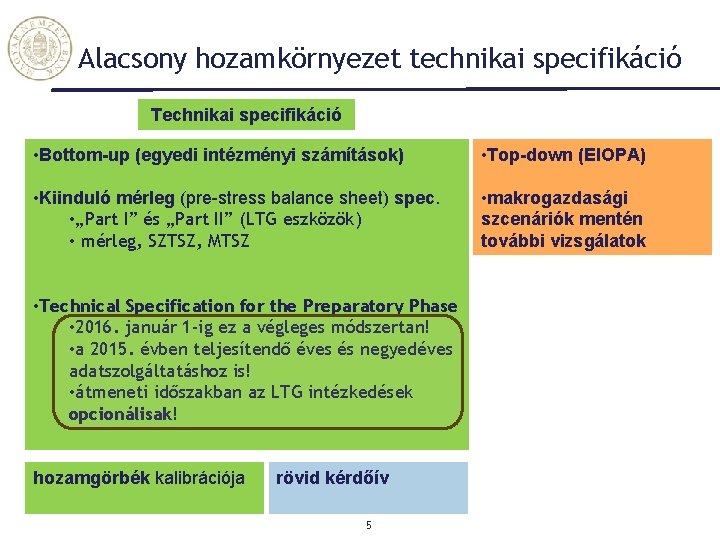 Alacsony hozamkörnyezet technikai specifikáció Technikai specifikáció • Bottom-up (egyedi intézményi számítások) • Top-down (EIOPA)