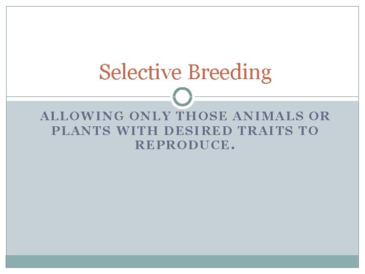 Selective Breeding ALLOWING ONLY THOSE ANIMALS OR PLANTS WITH DESIRED TRAITS TO REPRODUCE. 