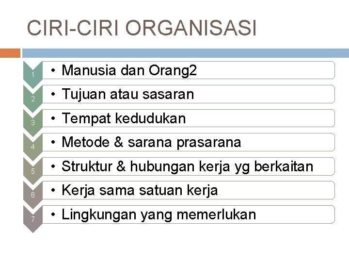 CIRI-CIRI ORGANISASI 1 • Manusia dan Orang 2 2 • Tujuan atau sasaran 3