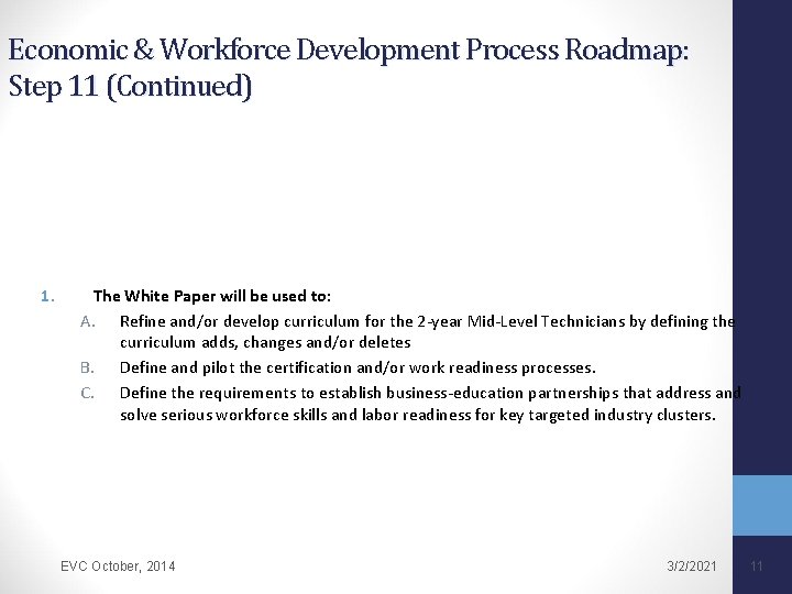 Economic & Workforce Development Process Roadmap: Step 11 (Continued) 1. The White Paper will