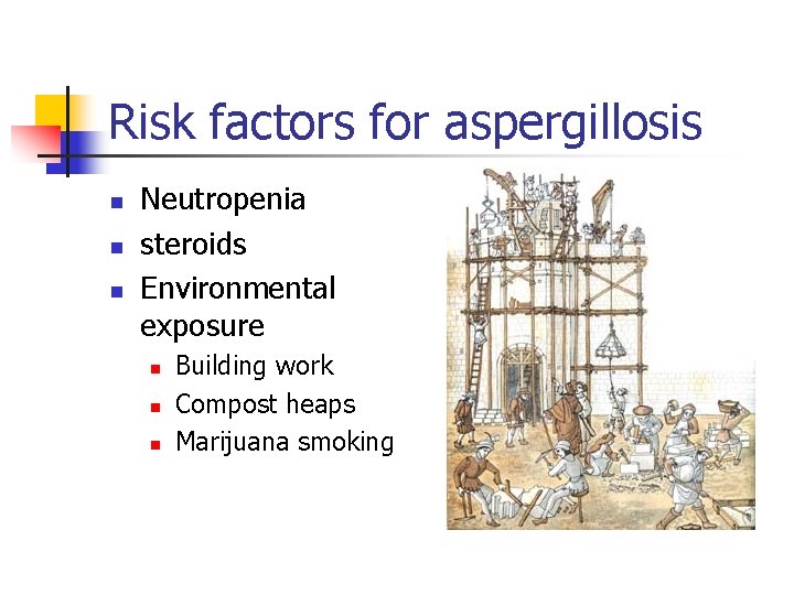 Risk factors for aspergillosis n n n Neutropenia steroids Environmental exposure n n n