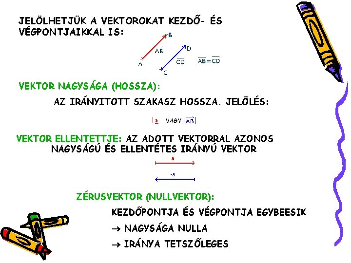 JELÖLHETJÜK A VEKTOROKAT KEZDŐ- ÉS VÉGPONTJAIKKAL IS: VEKTOR NAGYSÁGA (HOSSZA): AZ IRÁNYITOTT SZAKASZ HOSSZA.