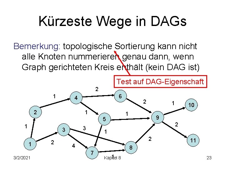 Kürzeste Wege in DAGs Bemerkung: topologische Sortierung kann nicht alle Knoten nummerieren genau dann,