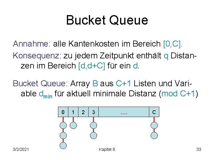 Bucket Queue Annahme: alle Kantenkosten im Bereich [0, C]. Konsequenz: zu jedem Zeitpunkt enthält