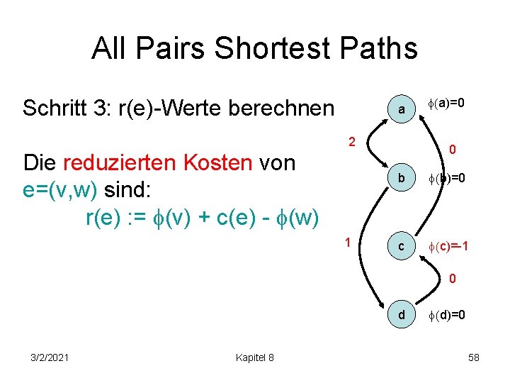 All Pairs Shortest Paths Schritt 3: r(e)-Werte berechnen a 2 Die reduzierten Kosten von