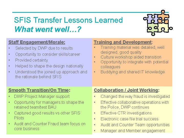 SFIS Transfer Lessons Learned What went well…? Staff Engagement/Morale: Training and Development: • •