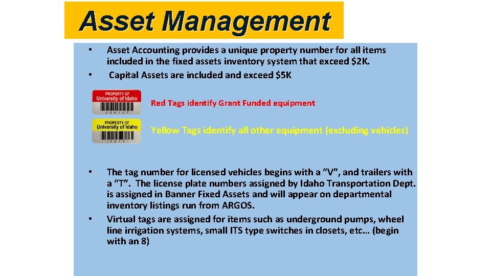 Asset Management • • Asset Accounting provides a unique property number for all items