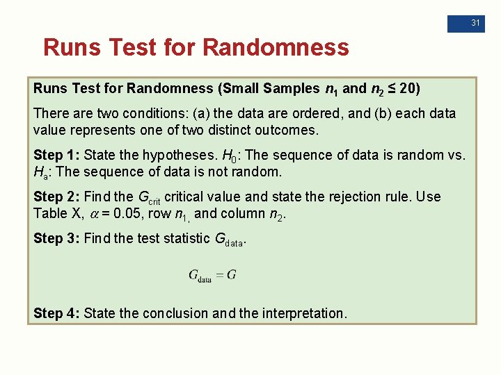 31 Runs Test for Randomness (Small Samples n 1 and n 2 ≤ 20)