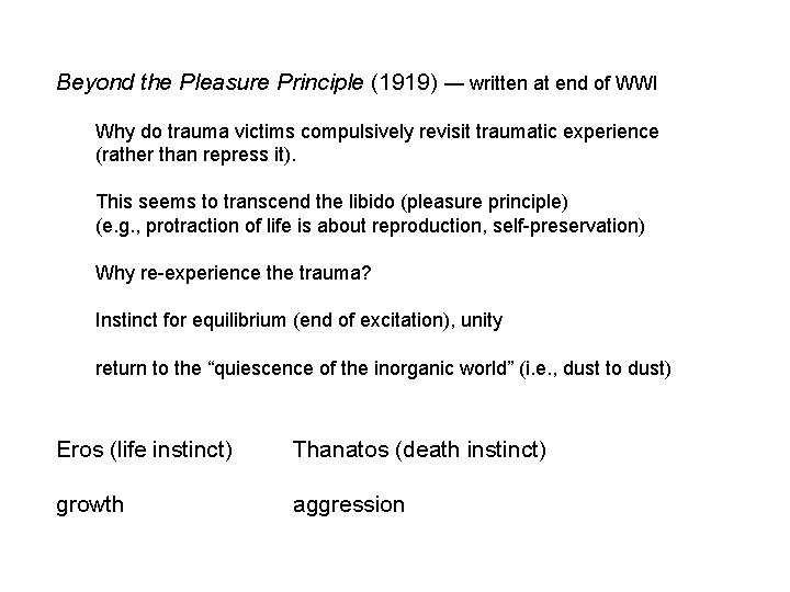 Beyond the Pleasure Principle (1919) — written at end of WWI Why do trauma Beyond the Pleasure Principle (1919) — written at end of WWI Why do trauma