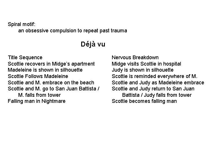 Spiral motif: an obsessive compulsion to repeat past trauma Déjà vu Title Sequence Scottie Spiral motif: an obsessive compulsion to repeat past trauma Déjà vu Title Sequence Scottie