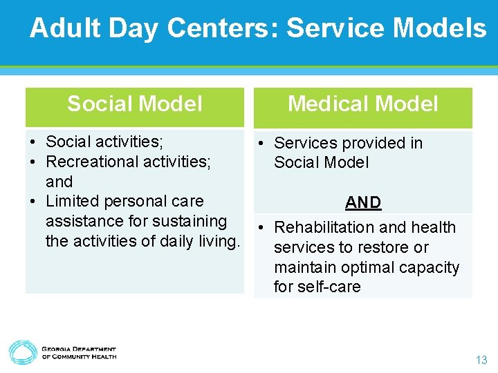 Adult Day Centers: Service Models Social Model • Social activities; • Recreational activities; and Adult Day Centers: Service Models Social Model • Social activities; • Recreational activities; and