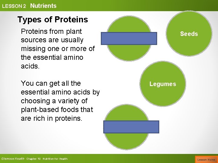 LESSON 2 Nutrients Types of Proteins from plant sources are usually missing one or