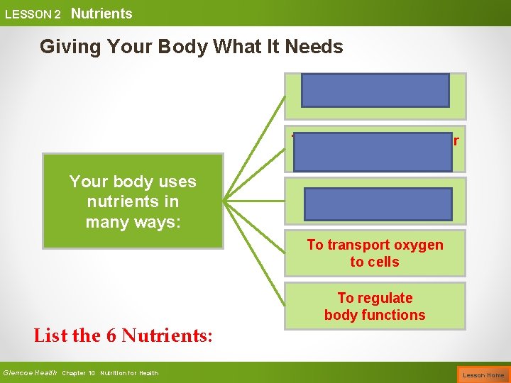 LESSON 2 Nutrients Giving Your Body What It Needs As an energy source To