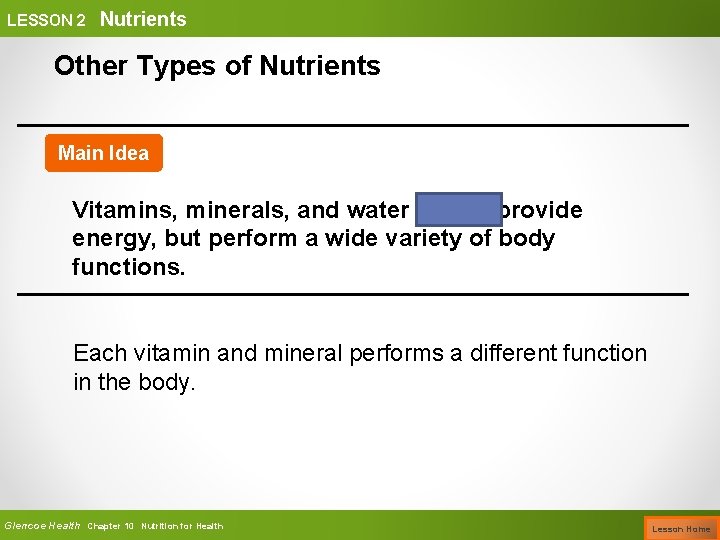 LESSON 2 Nutrients Other Types of Nutrients Main Idea Vitamins, minerals, and water do