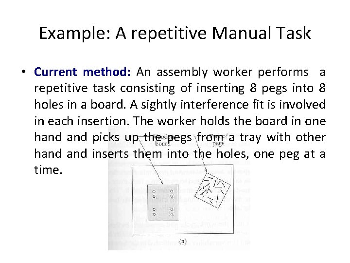 Example: A repetitive Manual Task • Current method: An assembly worker performs a repetitive